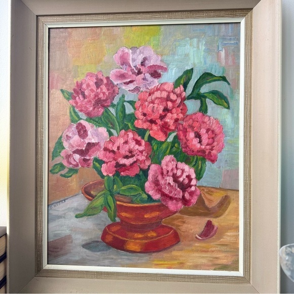 Vintage Painting Original Art Framed Floral Feminine Cottagecore Pink and Green - Picture 4 of 9